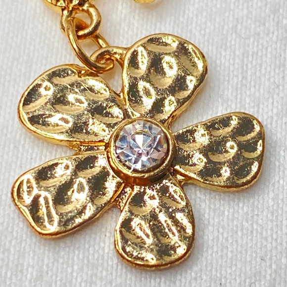 Dangle Drop Pierced Hook Earrings Gold Tone And Rhinestone Flower Tower - Picture 3 of 8